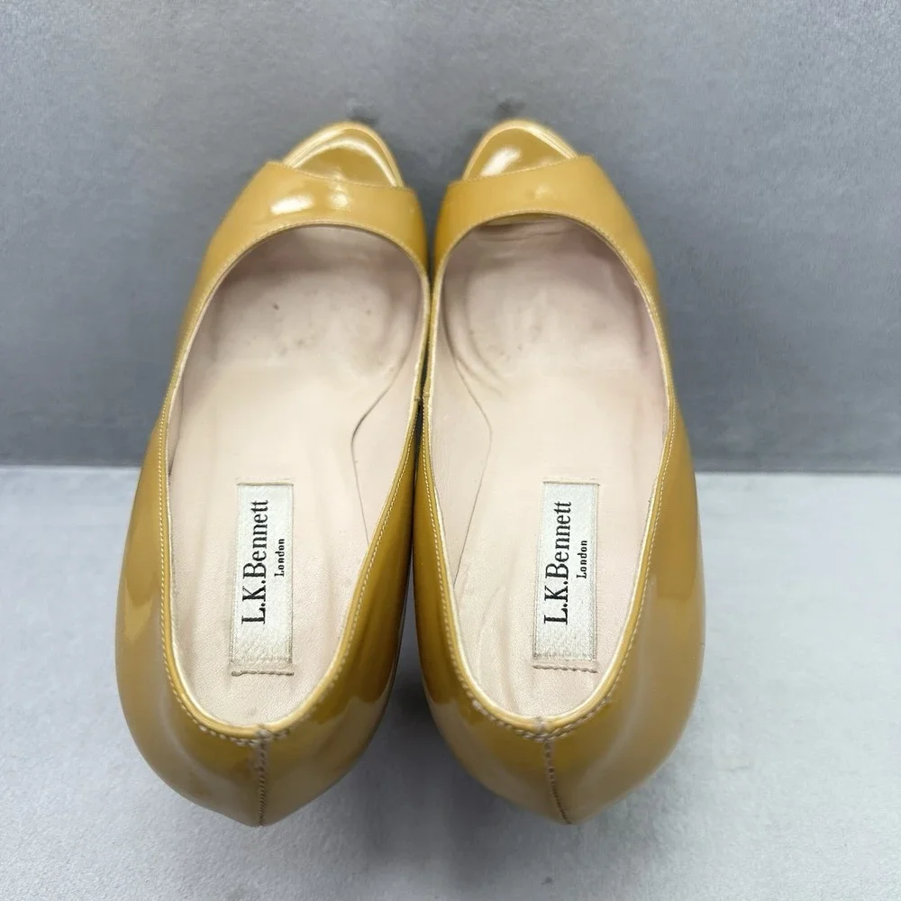 Womens 6.5 / EU 37.5 LK Bennett Pumps Mustard Patent Leather Stiletto Peep Toe
